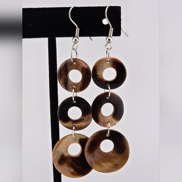 Iridescent Shell Dangle Earrings 3" Drop Triple Disc Boho Beach Jewelry Gift - Picture 9 of 10